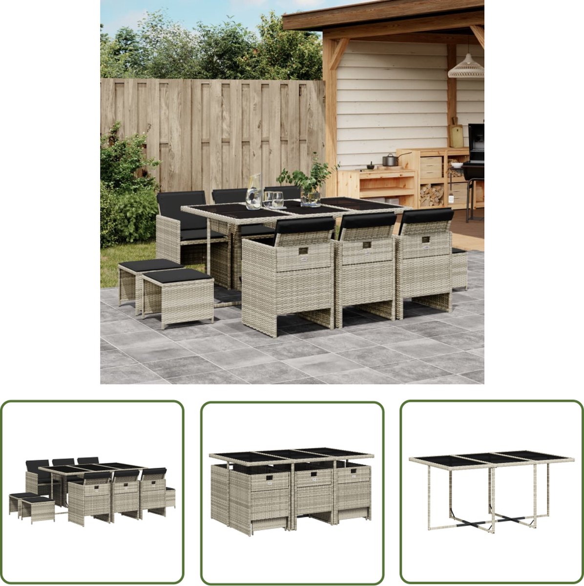 The Living Store 11-delige Tuinset met kussens poly rattan lichtgrijs - Tuinmeubels - Buitenkamer - Lounge Set - Eetgroep - Pe Rattan