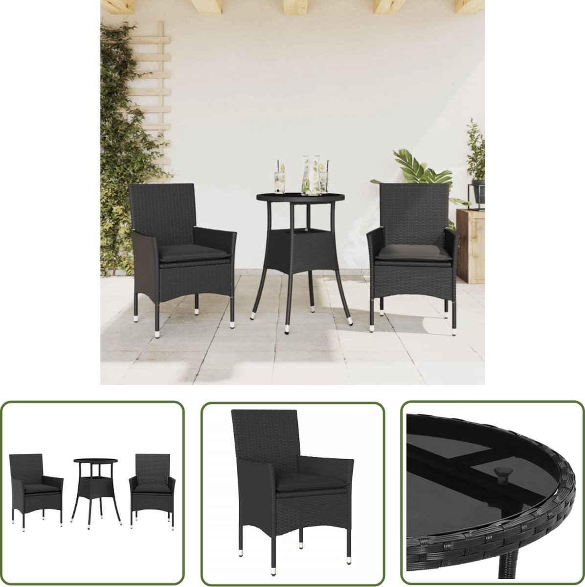 The Living Store 3-delige Tuinset met kussens poly rattan en glas zwart - Tuin Set - Tuinset - Eetkamerset - Buitenshuis Dineren - Patio Set