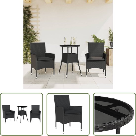 Foto: Vidaxl poly rattan tuinset 3 delige tuinset met kussens poly rattan en glas zwart buis meubel zwarte tuinbank eetkamer set