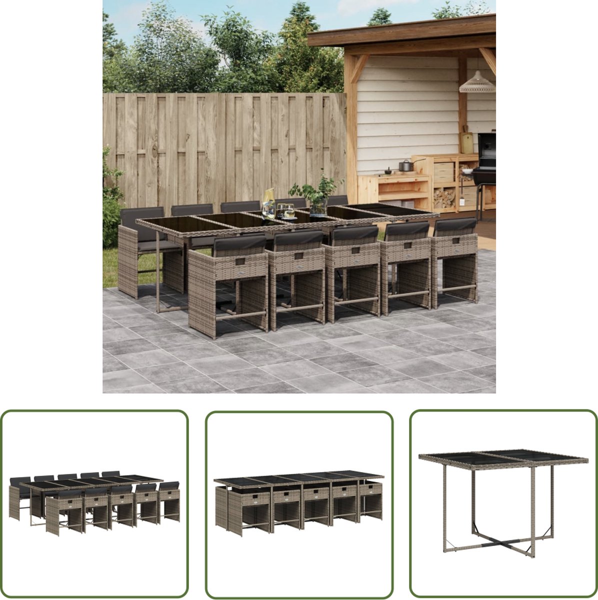 The Living Store 11-delige Tuinset met kussens poly rattan grijs - Tuinset - Buitentijd - Lounge Set - Eetkamerset - Patio Furniture