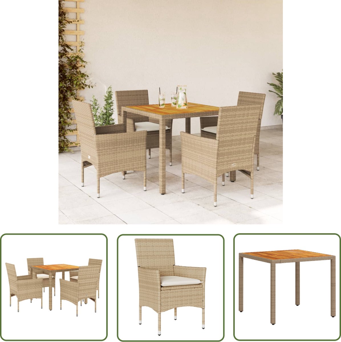 The Living Store 5-delige Tuinset met kussens poly rattan en acaciahout beige - Tuinset - Tuintafel - Tuinstoelen - Buis Meubel - Outdoor Furniture