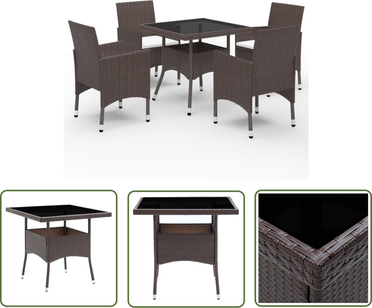 5-delige bruine poly rattan tuinset met glazen tafel - The Living Store.