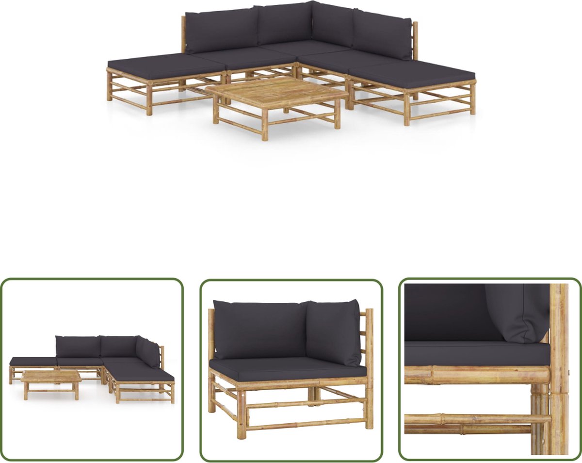 The Living Store 6-delige Loungeset met donkergrijze kussens bamboe - Bamboelounge - Loungestoel - Buitendining - Tuinlounge - Tuinmeubles