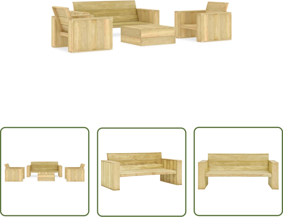 The Living Store 4-delige Loungeset geïmpregneerd grenenhout - Loungeset - Houten Lounge Set - Tuinset - Buitenshuis Meubilair - Veranda Meubel