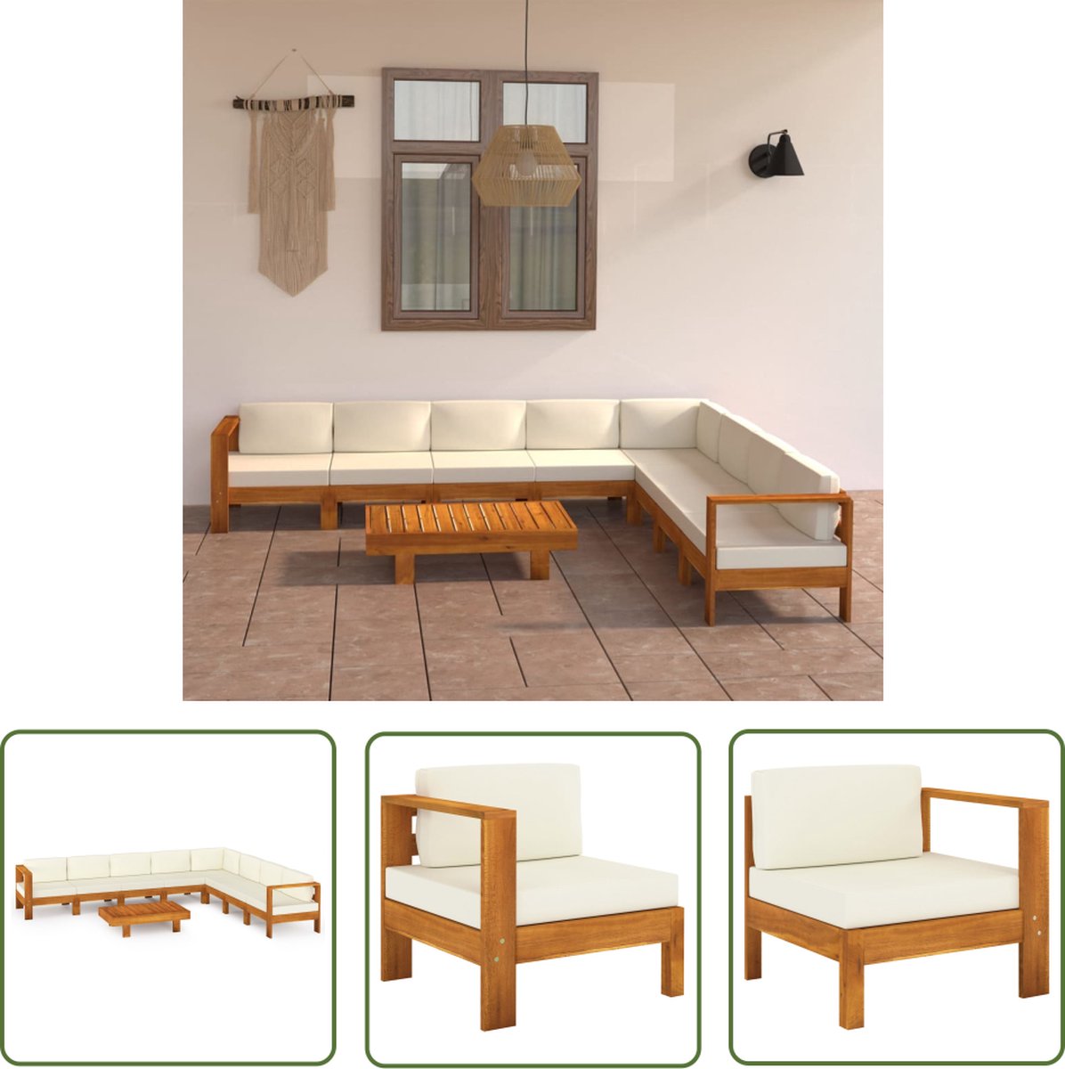 9-delige loungeset met crèmewitte kussens van acaciahout - Houten tuinmeubel met loungestoel.