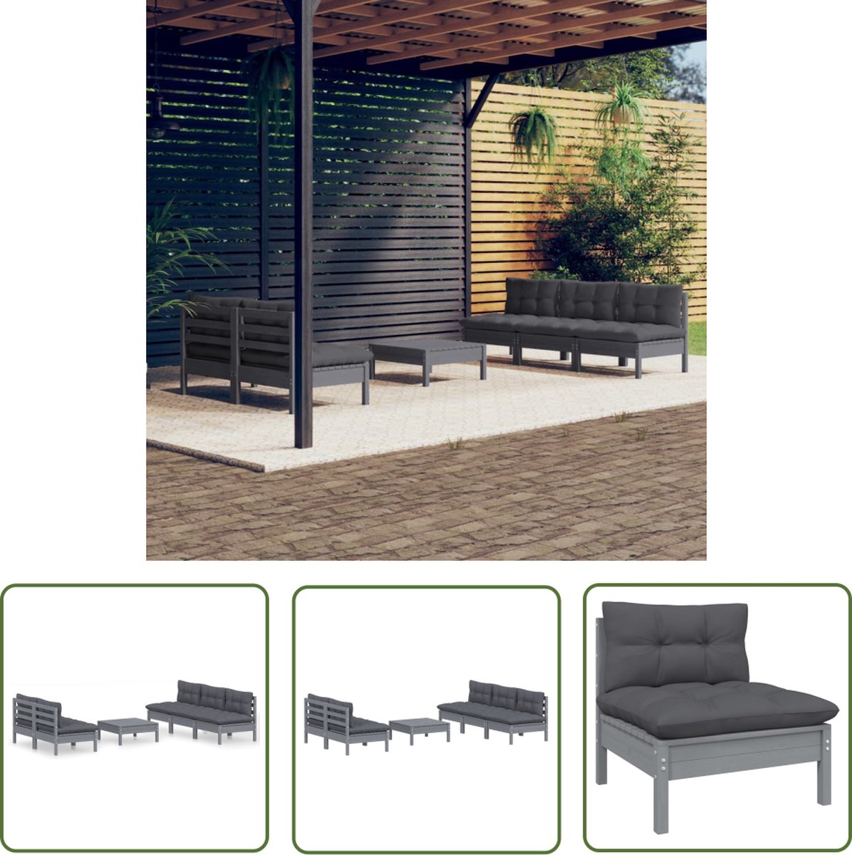 Grenenhouten loungeset met antracietkleurige kussens voor tuindecoratie.
