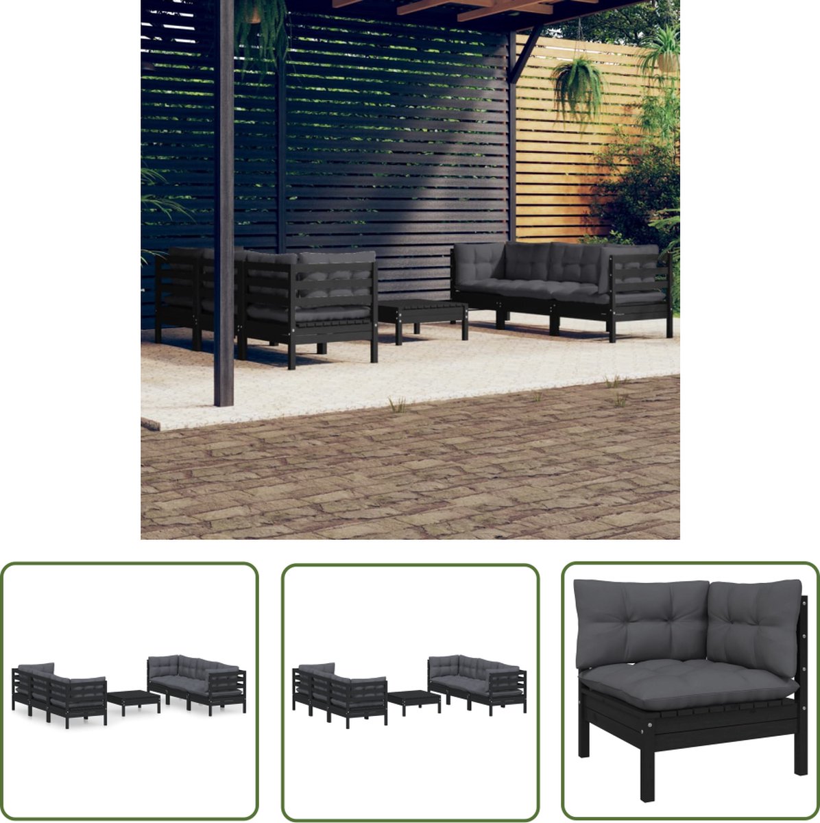 Tuinset met antracietkleurige kussens en grenenhouten bank - Buitendecor loungeset.