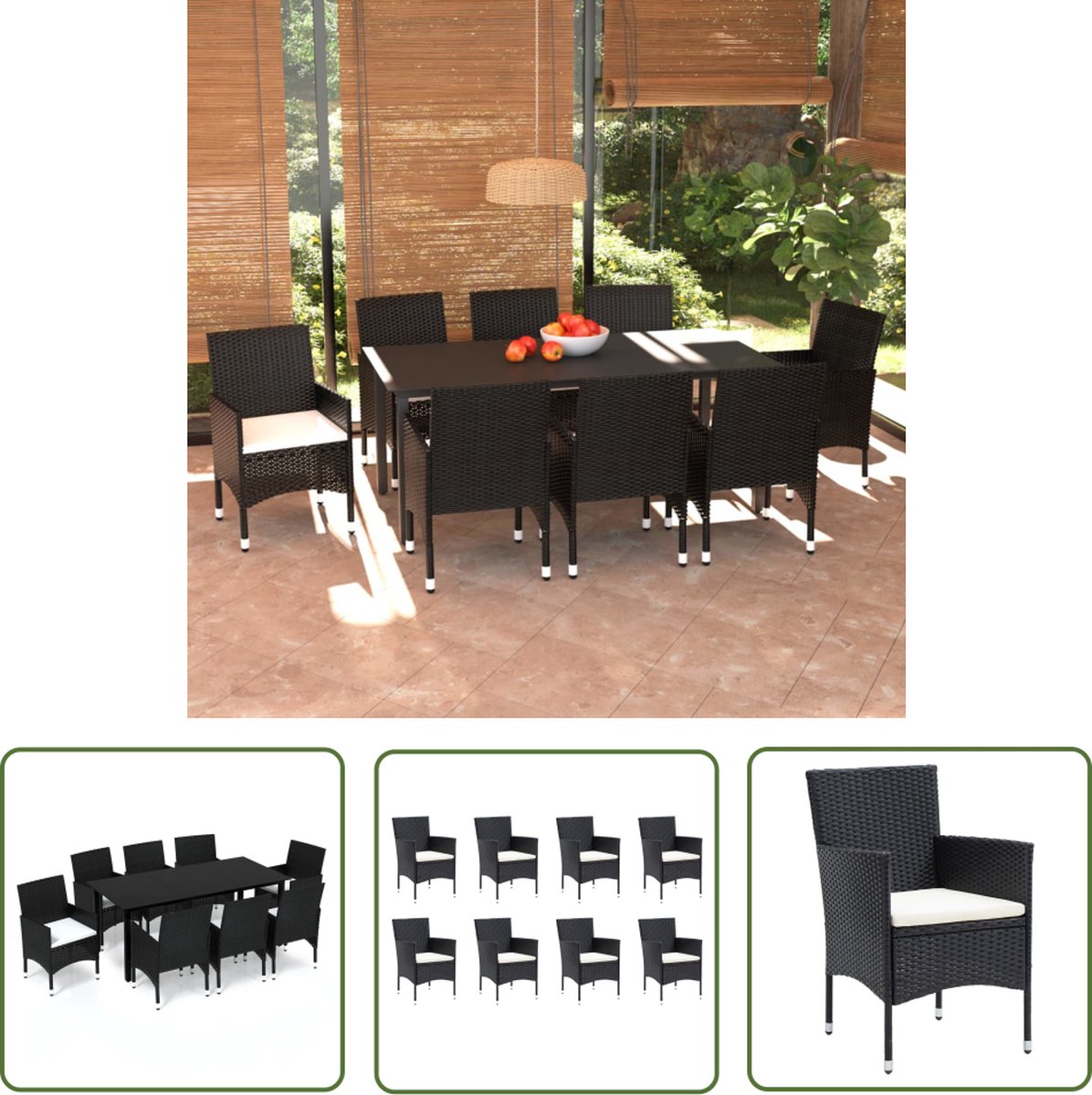 The Living Store 9-delige Tuinset met kussens poly rattan zwart - Tuinstoel - Tuinset - Buitentijd - Terras - Balkon