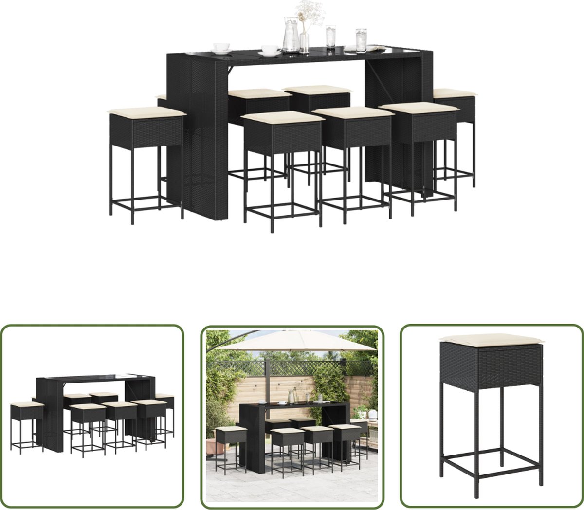 The Living Store 9-delige Tuinbarset met kussens poly rattan zwart - Tuinbarset - Zwarte Tuinbarset - Pe Rattan - Outdoor Furniture - Buitendecoratie