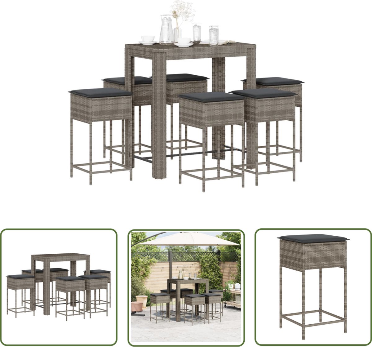 The Living Store 7-delige Tuinbarset met kussens poly rattan grijs - Tuinbarset - PE-rattan - Buitendecoratie - Tuinset - Lounge Set
