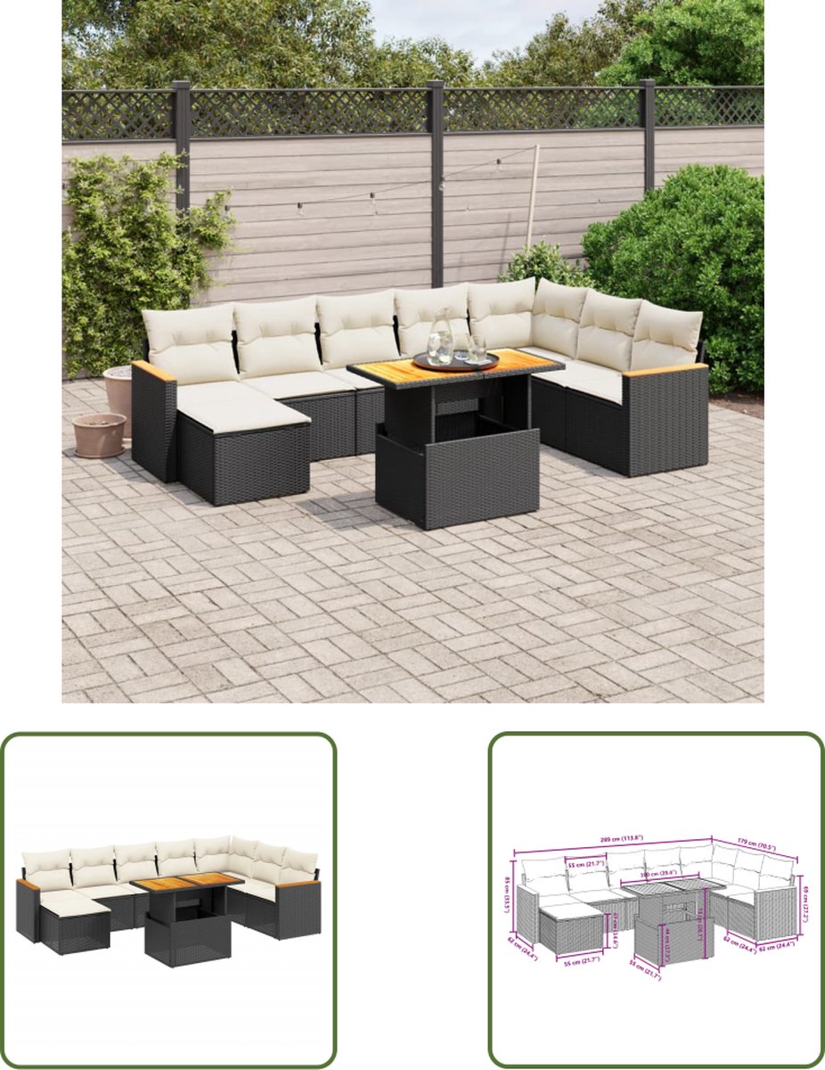 Zwarte poly rattan loungeset met kussens voor buiten - Tuinmeubels.