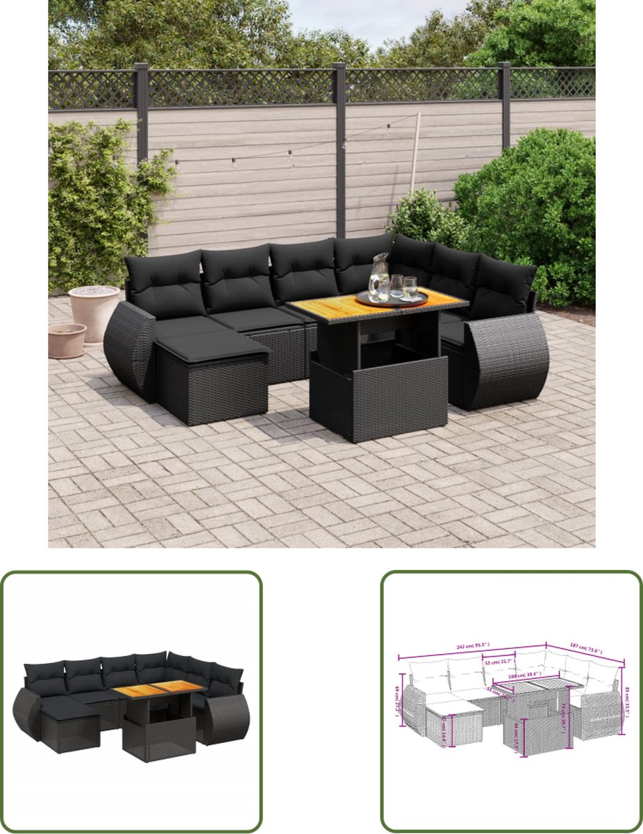 The Living Store 8-delige Loungeset met kussens poly rattan zwart - Loungeset - Tuinlounge - Lounge Set - Buitendiner - Outdoor Furniture