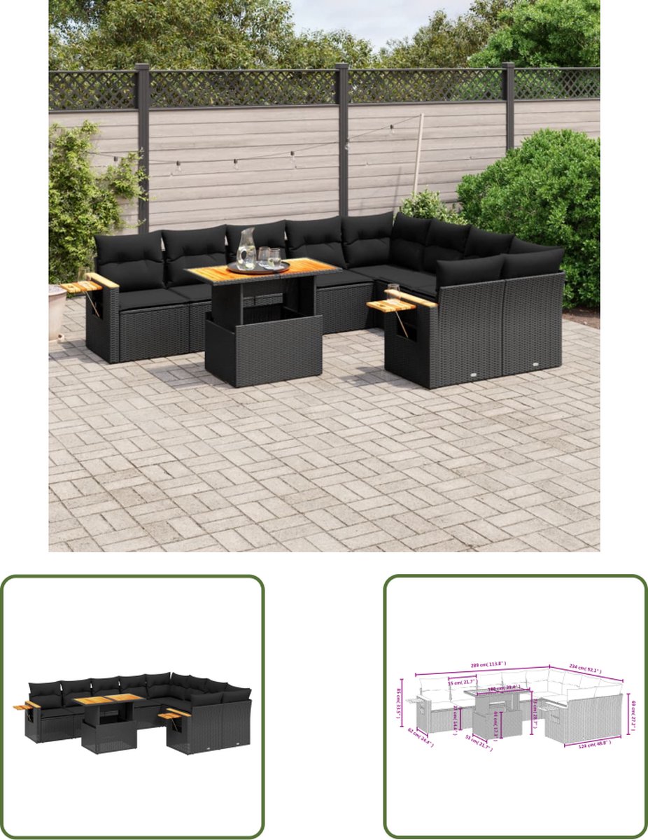 The Living Store 10-delige Loungeset met kussens poly rattan zwart - Loungeset - Lounge Set - Tuinlounge - Buitendining - Outdoor Furniture
