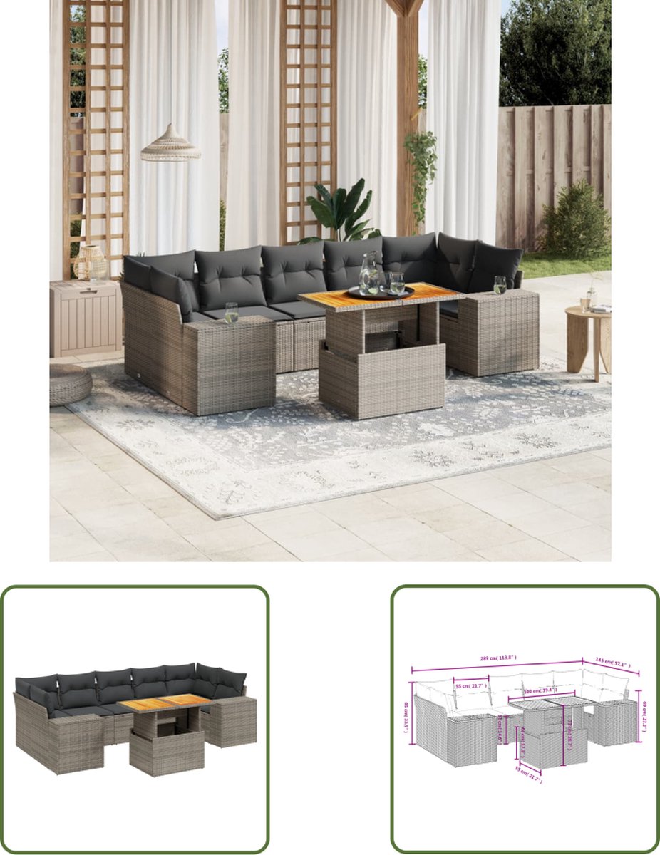 The Living Store 8-delige Loungeset met kussens poly rattan grijs - Loungeset - Tuinmeubels - Lounge Set - Outdoor Furniture - Pe Rattan