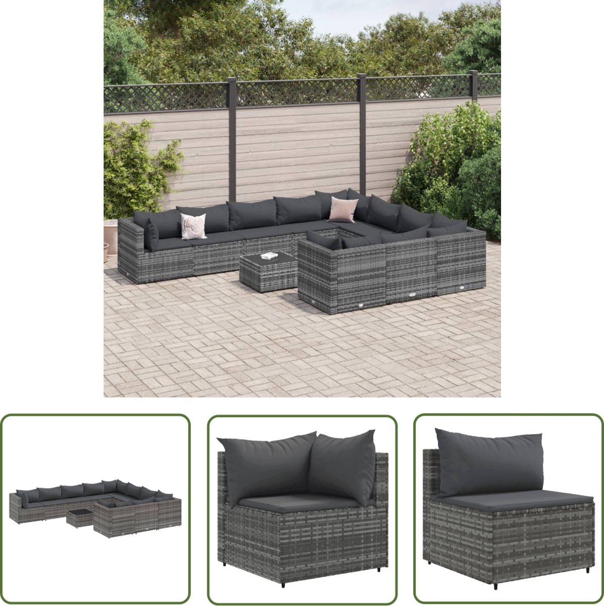 11-delige Loungeset in grijs poly rattan met kussens - Tuinmeubels.