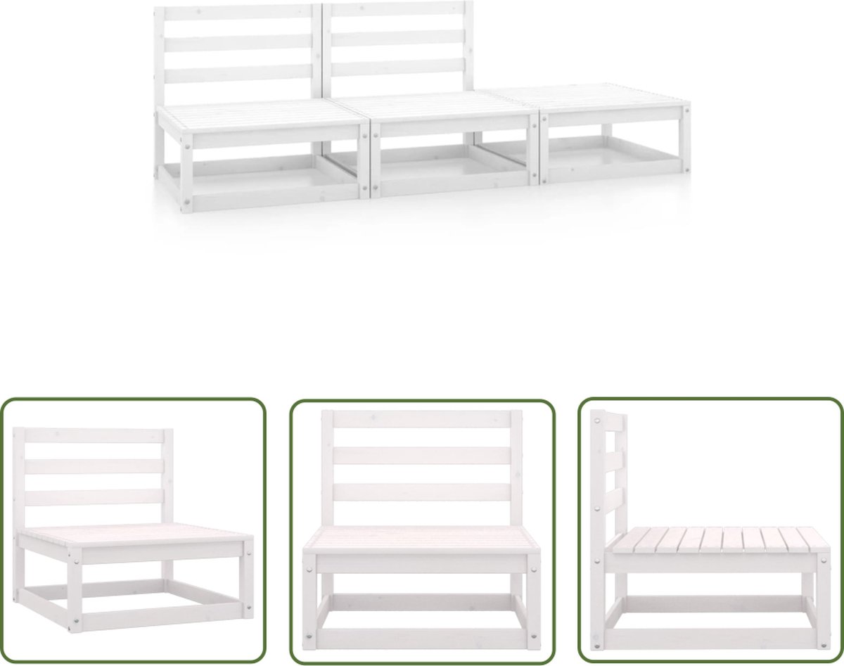 The Living Store 3-delige Loungeset massief grenenhout wit - Tuinstoel - Lounge Set - Buitentijnen - Houten Bank - Grenenhouten Meubel