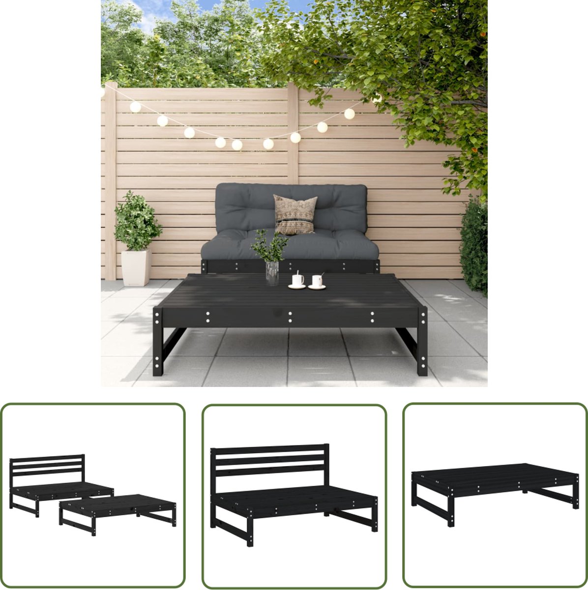 The Living Store 2-delige Loungeset massief grenenhout zwart - Tuin Bank - Lounge Set - Tuinset - Pallet Loungebank - Hout Meubel
