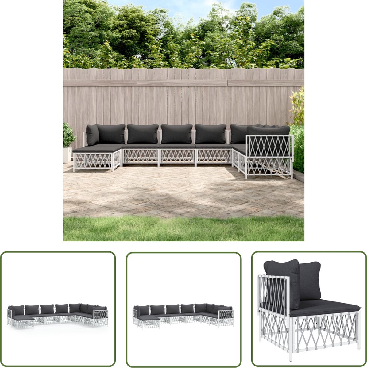 The Living Store 8-delige Loungeset met kussens staal wit - Loungeset - Lounge Stoel - Tuinstoel - Outdoor Furniture - Patioset