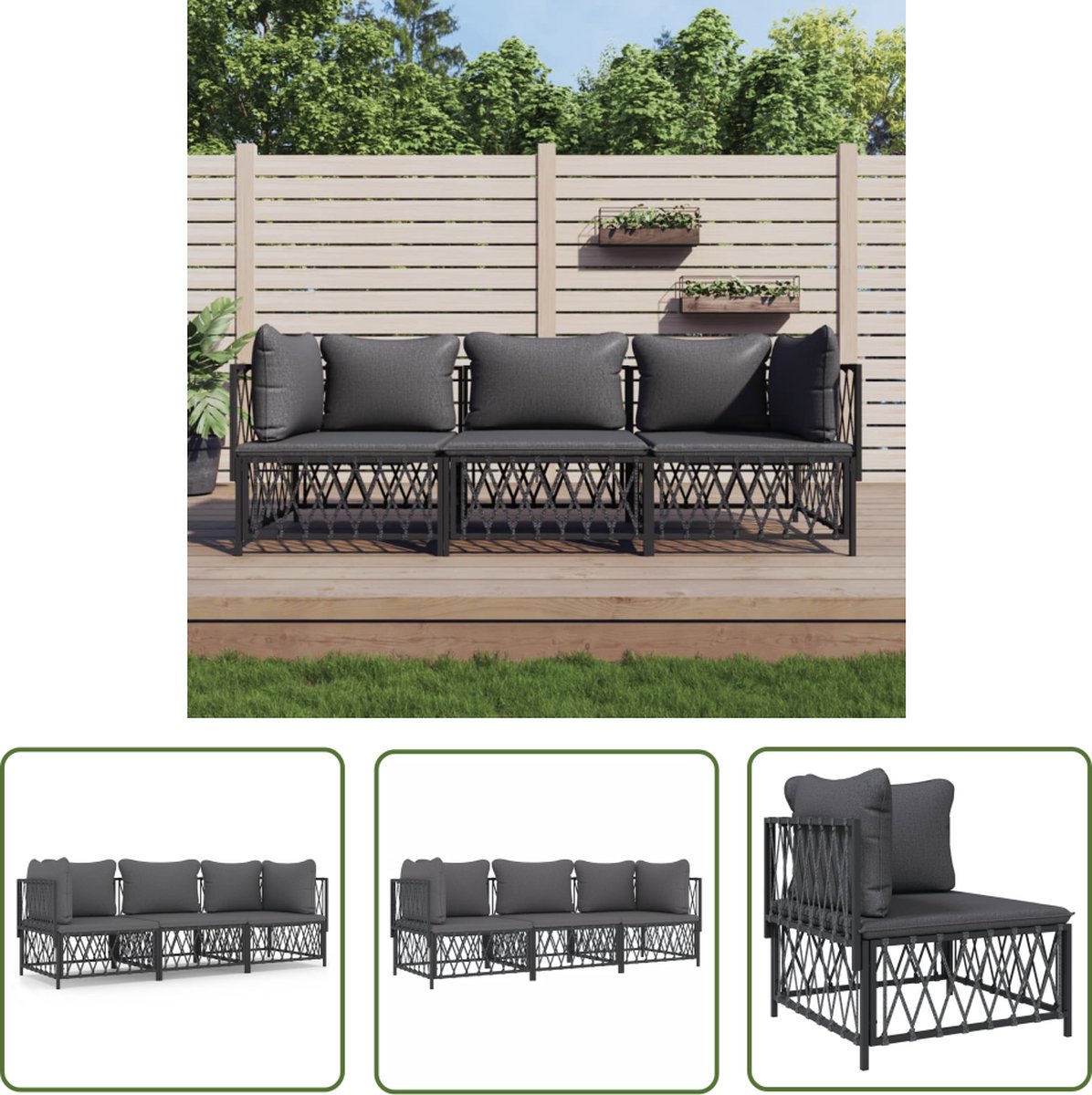 The Living Store 3-delige Loungeset met kussens staal antracietkleurig - Loungeset - Tuinlounge - Lounge Bank - Hoekbank - Outdoor Furniture
