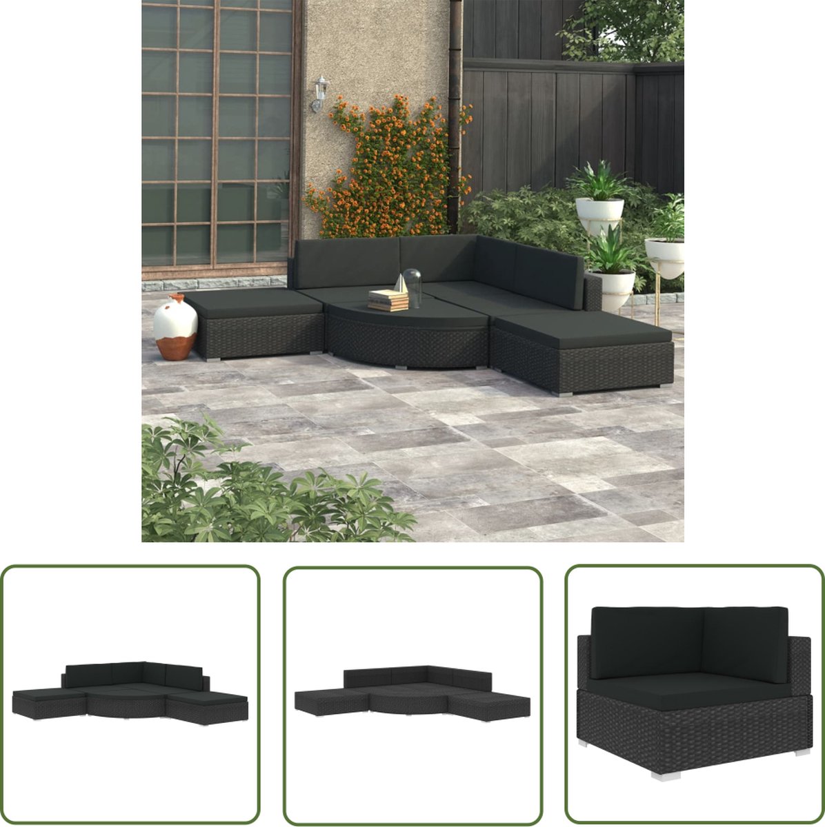The Living Store 6-delige Loungeset met kussens poly rattan zwart - Loungebank - Tuinset - Rattan Meubilair - Outdoor Lounge - Garden Furniture