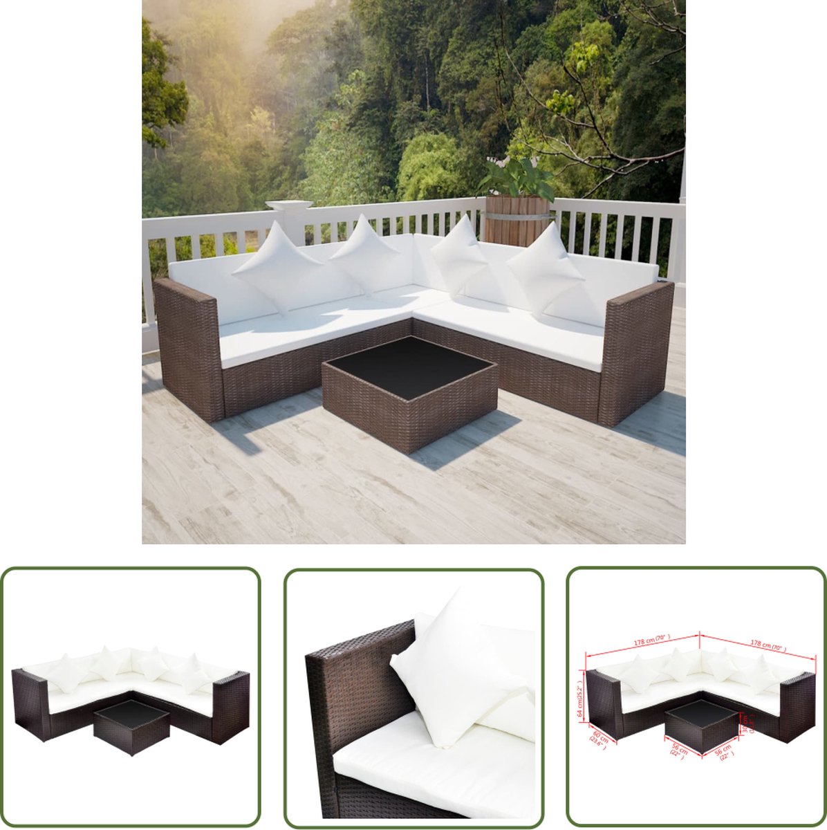 The Living Store 4-delige Loungeset met kussens poly rattan bruin - Rattan Lounge Set - Tuinlounge - Buitenspeelgoed - Tuinset - Lounge Meubels