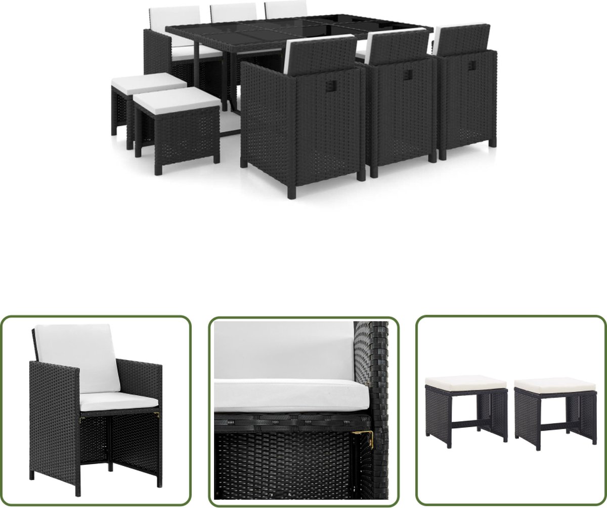 The Living Store 11-delige Tuinset met kussens poly rattan zwart - Tuinstoel - Eetkamerset - Buitendecoratie - Lounge Set - Outdoor Meubilair