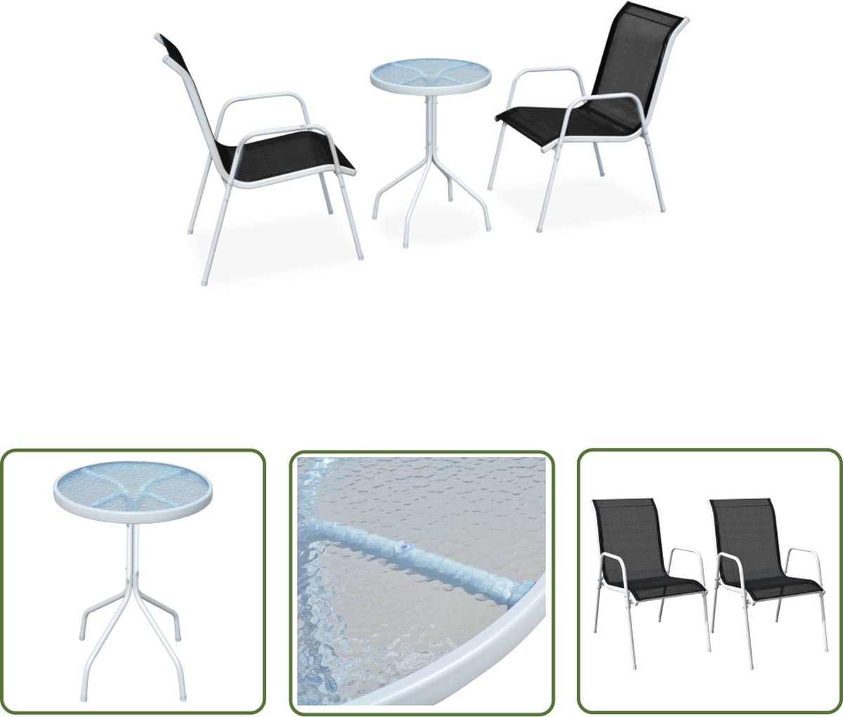 The Living Store 3-delige Bistroset staal zwart - Tuinstoel - Bistroset - Buitentafel - Textiel Meubels - Lounge Set