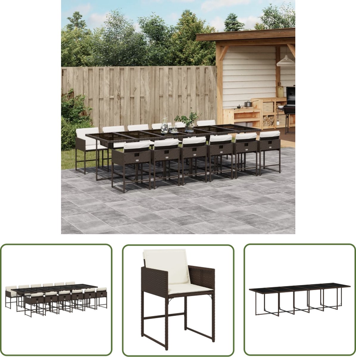 Tuinset met bruine poly rattan kussens en eetkamerstoelen - Buitendecoratie.