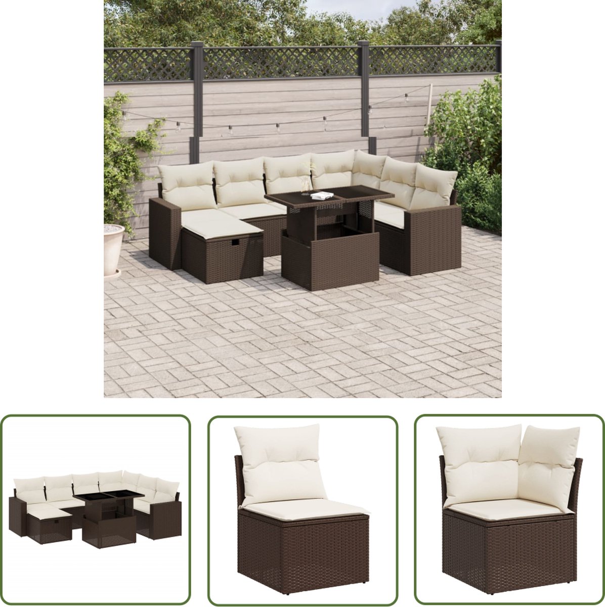 Poly rattan bruine loungeset met kussens en loungebank voor tuinmeubels.