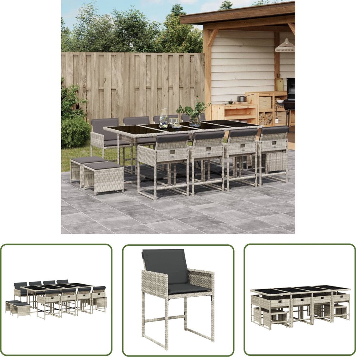 Tuinset met poly rattan meubels en lichtgrijze kussens - The Living Store.