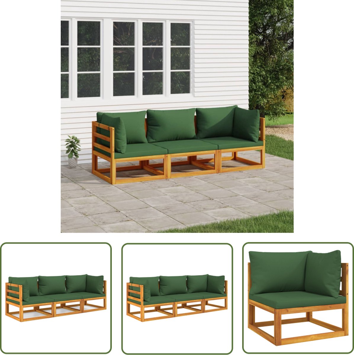 The Living Store 3-delige Loungeset met groene kussens massief hout - Tuinbank - Lounge Set - Acacia Hout - Outdoor Furniture - Hoektanks