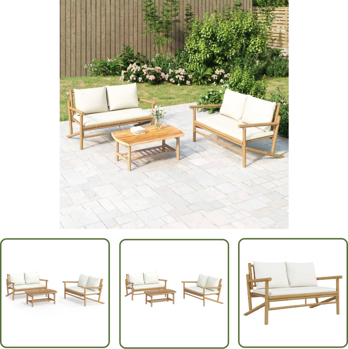 The Living Store 3-delige Loungeset met kussens bamboe crèmewit - Tuinlounge - Lounge Set - Bamboemeubel - Buisstoel - Tuinset