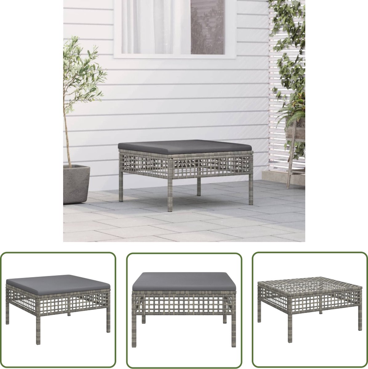 The Living Store Tuinvoetenbank met kussen poly rattan grijs - Tuinstoel - Lounge Stoel - Voetenbank - Outdoor Bank - Patio Furniture