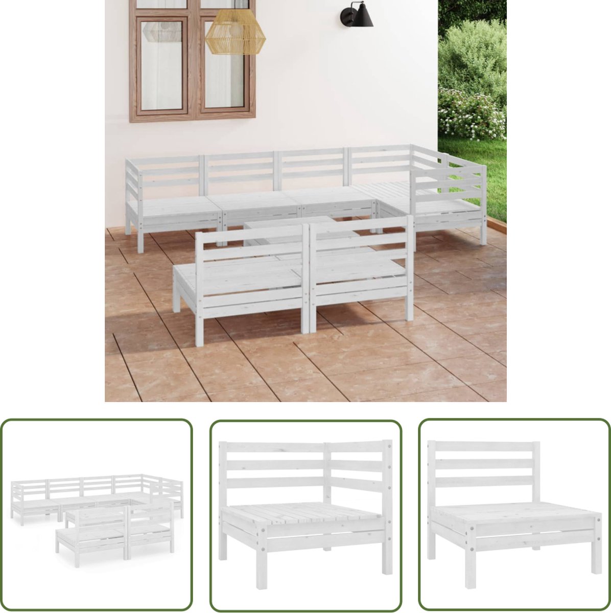 The Living Store 8-delige Loungeset massief grenenhout wit - Tuinmeubels - Lounge Set - Hout - Witte Tuinsets - Buitenkamer