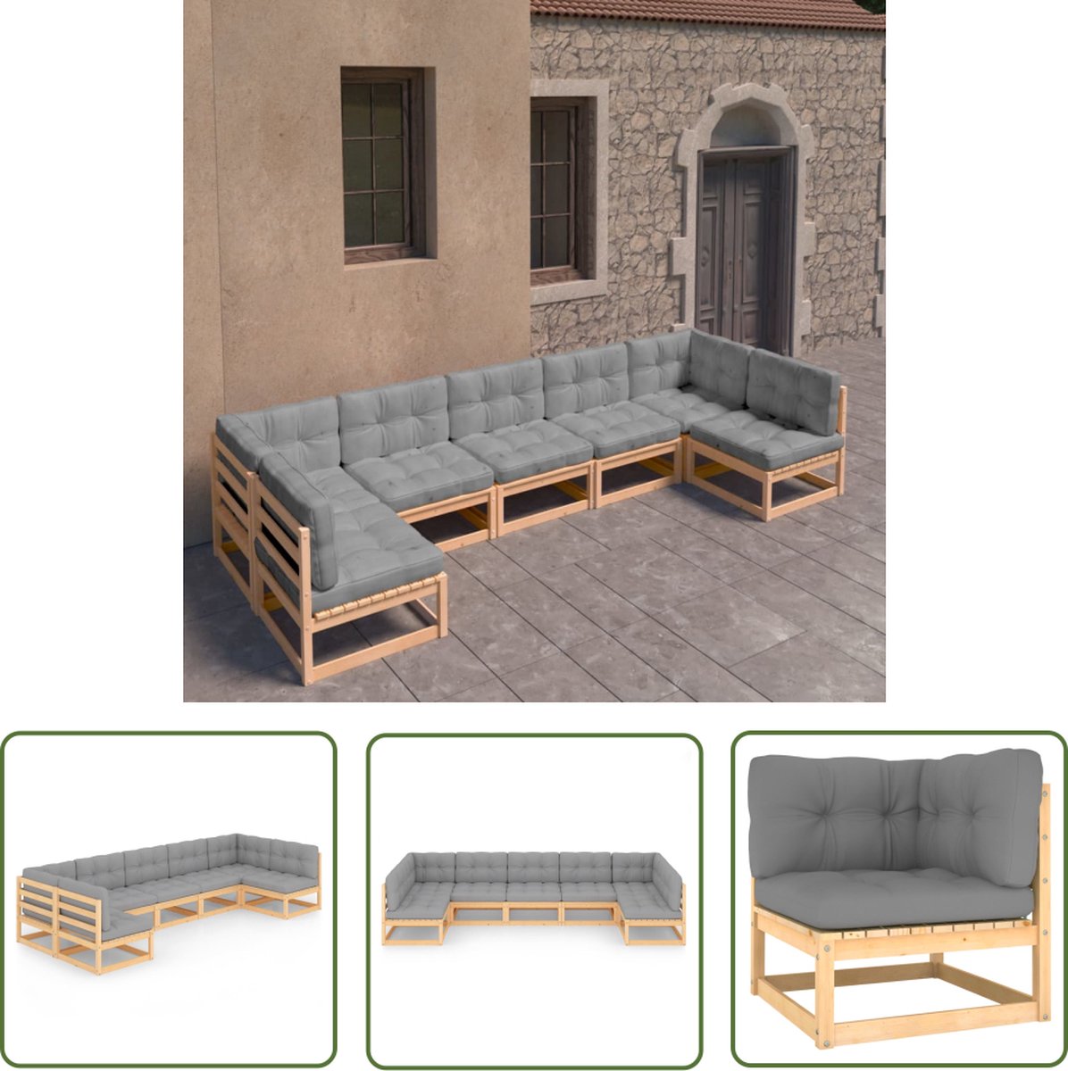 The Living Store 7-delige Loungeset met kussens massief grenenhout - Loungeset - Tuinset - Houten Lounge - Tuinmeubels - Grenenhout