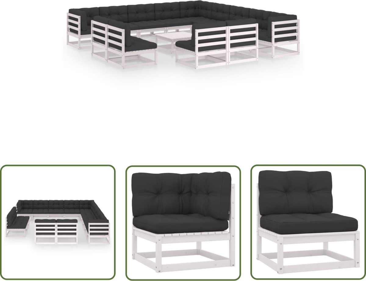 Tuinset met wit massief grenenhouten loungemeubels en kussens.