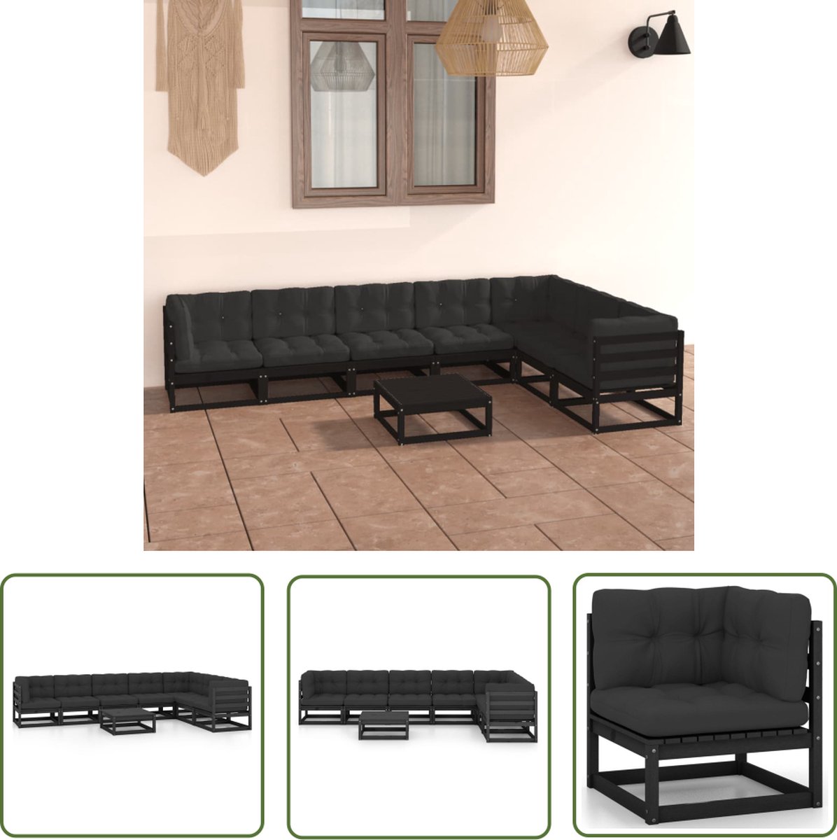 Zwarte massief grenenhouten loungeset met kussens - Tuinmeubel - The Living Store