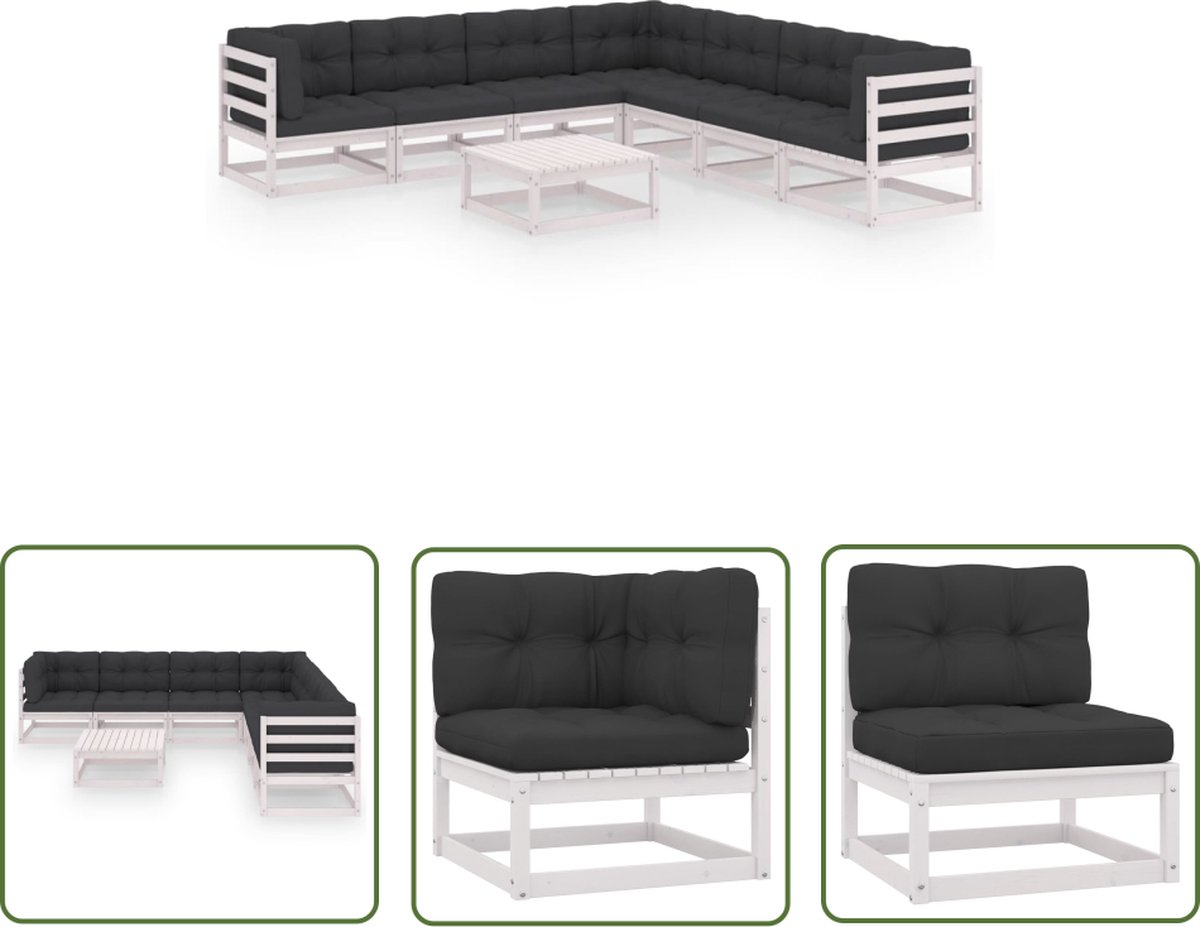The Living Store 8-delige Loungeset met kussens massief grenenhout wit - Loungeset - Tuinset - Houten Lounge - Grenenhout - Loungestoel