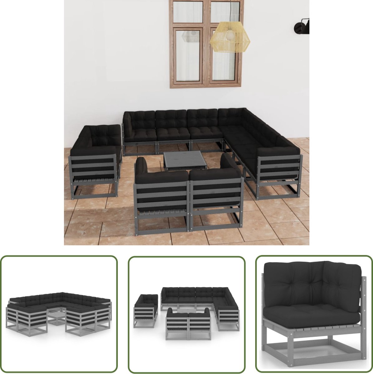 The Living Store 12-delige Loungeset met kussens massief grenenhout grijs - Tuinmeubels - Lounge Set - Grenenhout - Outdoor Furniture - Loungestoel