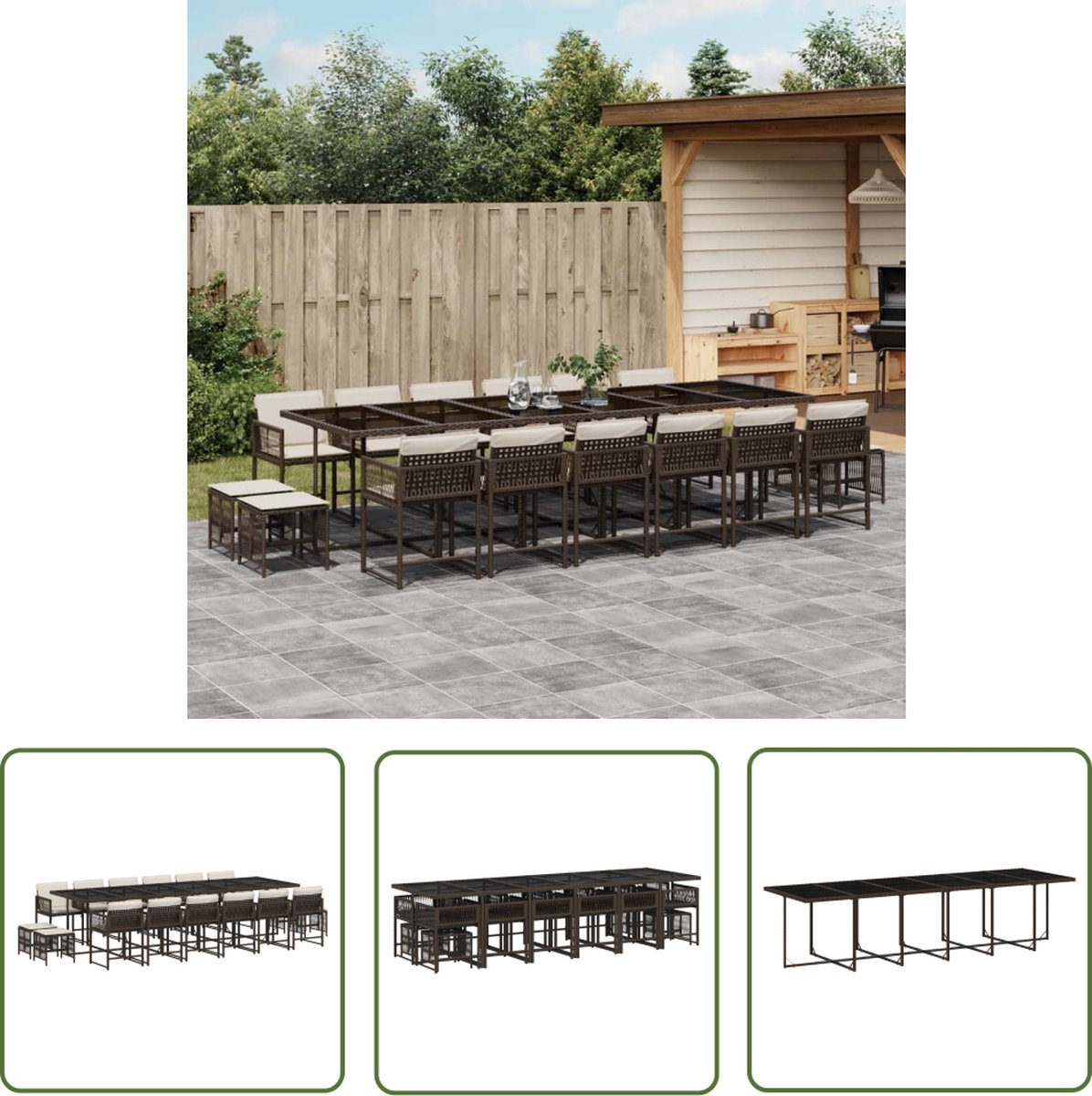 The Living Store 17-delige Tuinset met kussens poly rattan bruin - Tuinset - Buitentafel - Eetkamerset - Lounge Set - Patio Furniture