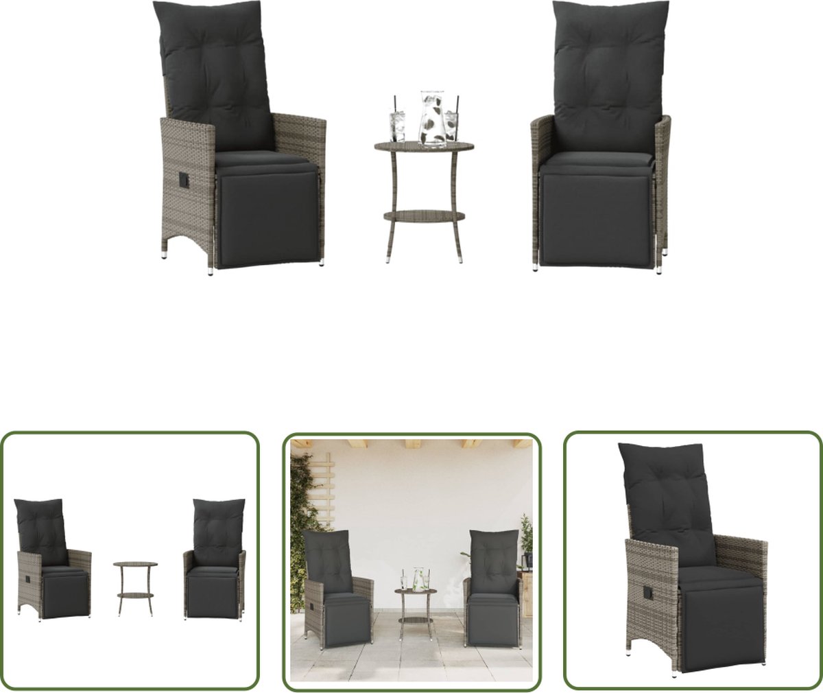 Poly rattan grijze bistroset met kussens voor buiten - The Living Store.