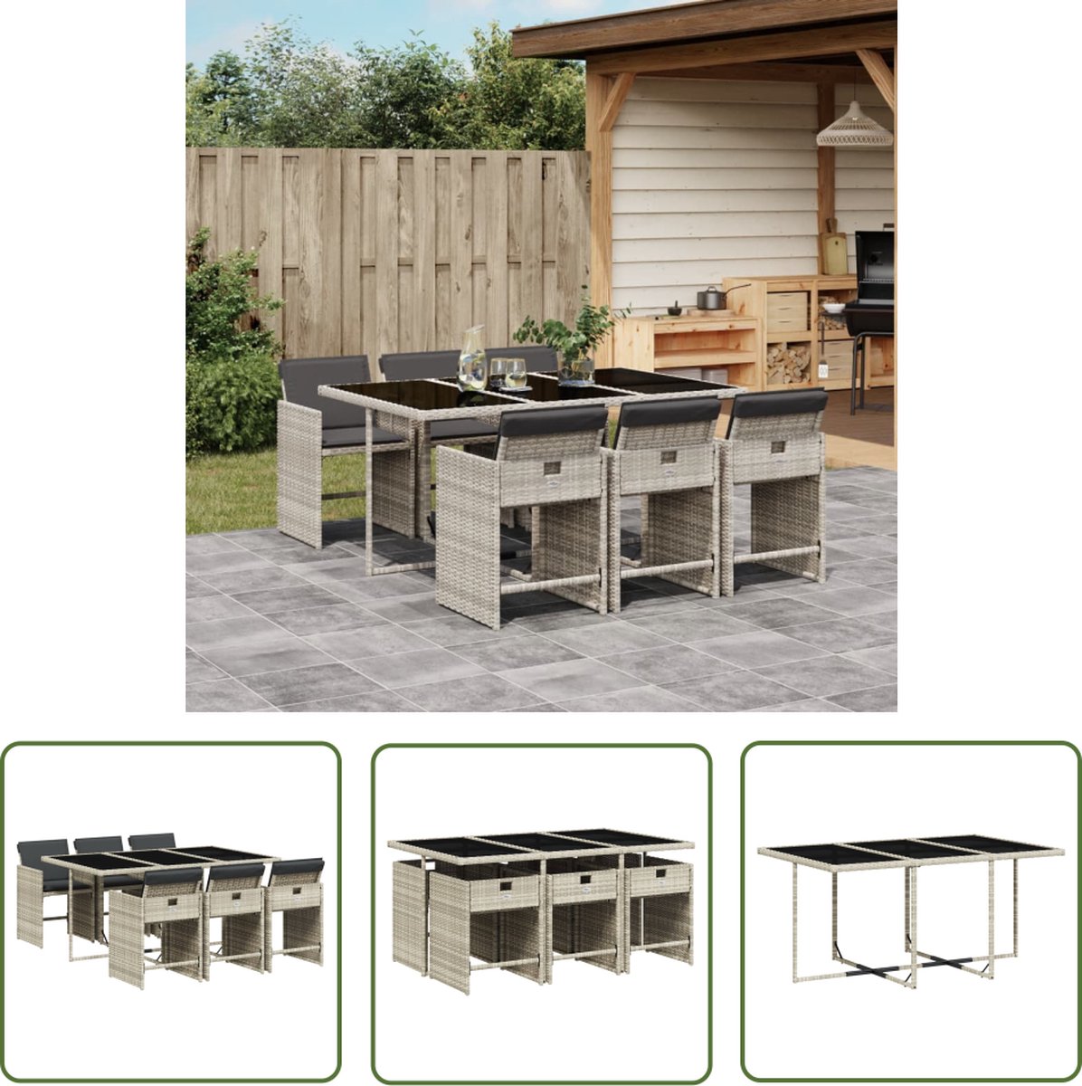 The Living Store 7-delige Tuinset met kussens poly rattan grijs - Tuinmeubels - Terasmeubilair - Lounge Set - Eetkamerset - Poly Rattan