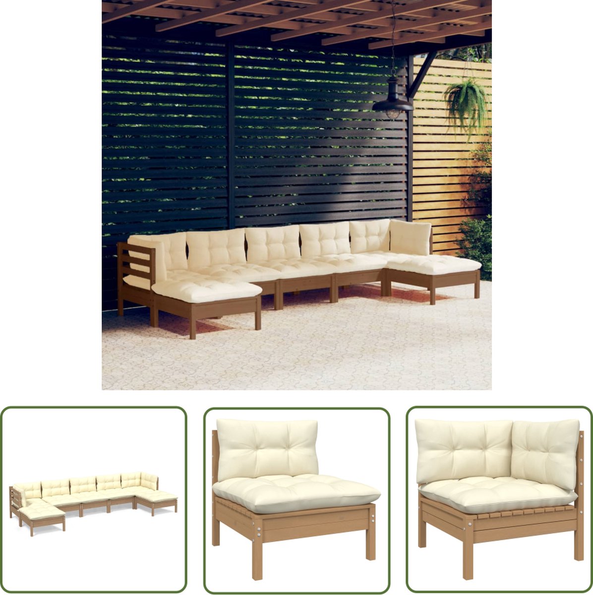 The Living Store 7-delige Loungeset met kussens grenenhout honingbruin - Loungeset - Tuinset - Tuinmeubelen - Grenenhout - Lounge Bank