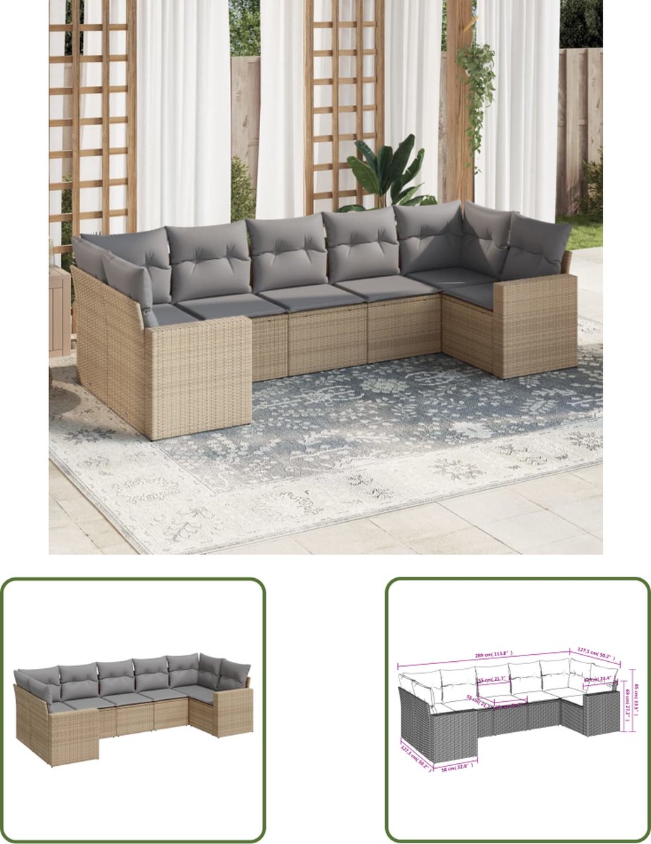 The Living Store 7-delige Loungeset met kussens poly rattan beige - Loungeset - Tuinset - Lounge Bank - Buitendecoratie - Tuinmeubels