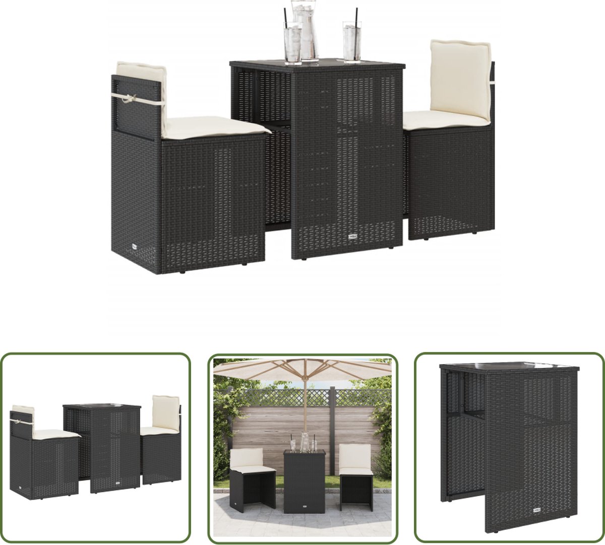 The Living Store 3-delige Bistroset met kussens poly rattan zwart - Bistroset - Tuinmeubel - Buitenshuis Eten - Terrasdecoratie - Zwarte Bistroset
