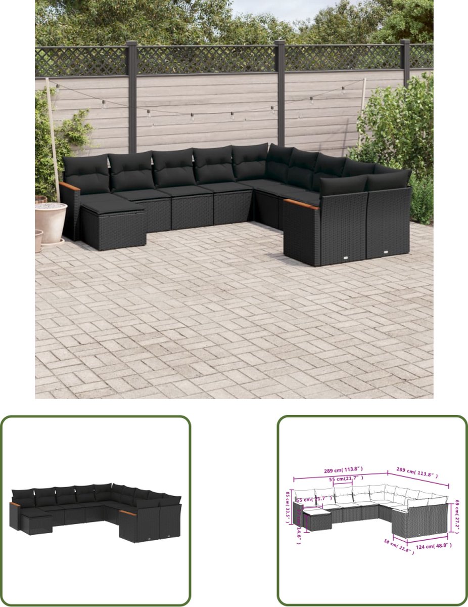 Zwarte poly rattan loungeset met kussens voor buiten - Tuinmeubilair.