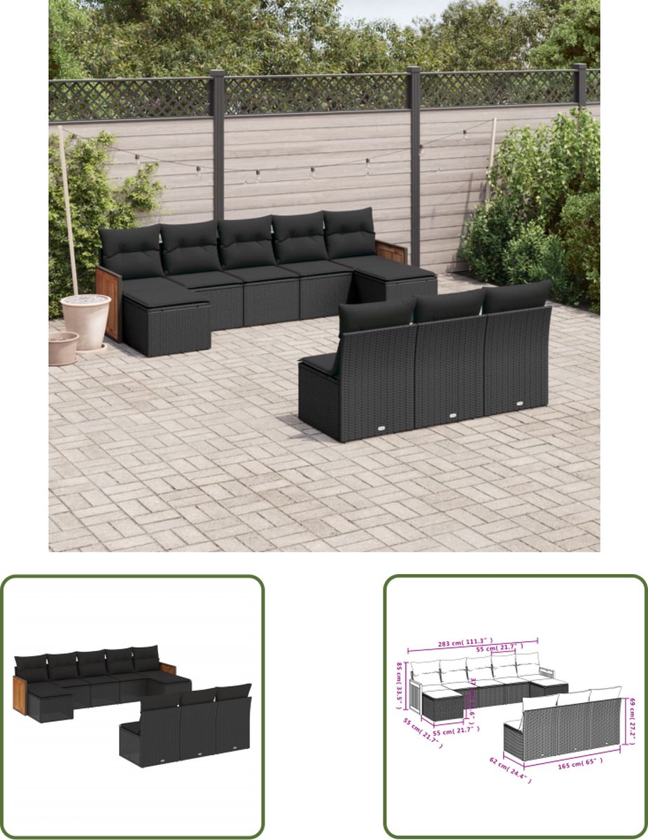 The Living Store 10-delige Loungeset met kussens poly rattan zwart - Loungeset - Tuinmeubels - Lounge Set - Pe Rattan - Outdoor Furniture