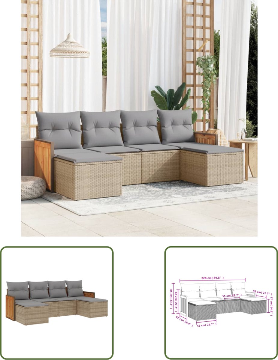 The Living Store 6-delige Loungeset met kussens poly rattan beige - Loungeset - Lounge Set - Tuinlounge - Buitendining - Outdoor Furniture