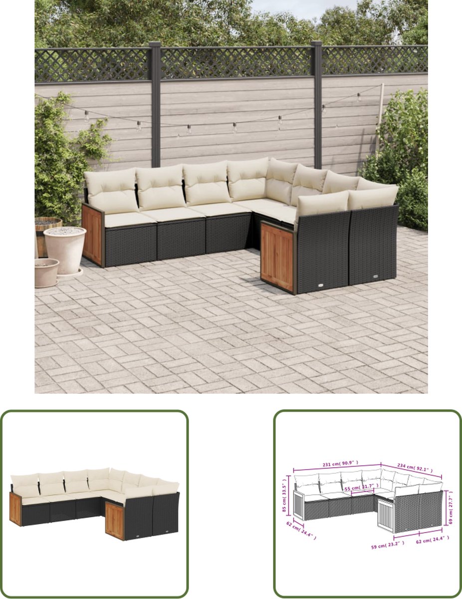 The Living Store loungeset met zwarte kussens van poly rattan.