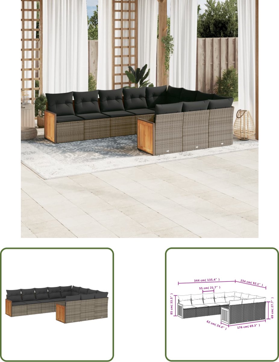 Grijze poly rattan loungeset met kussens voor buiten - The Living Store.